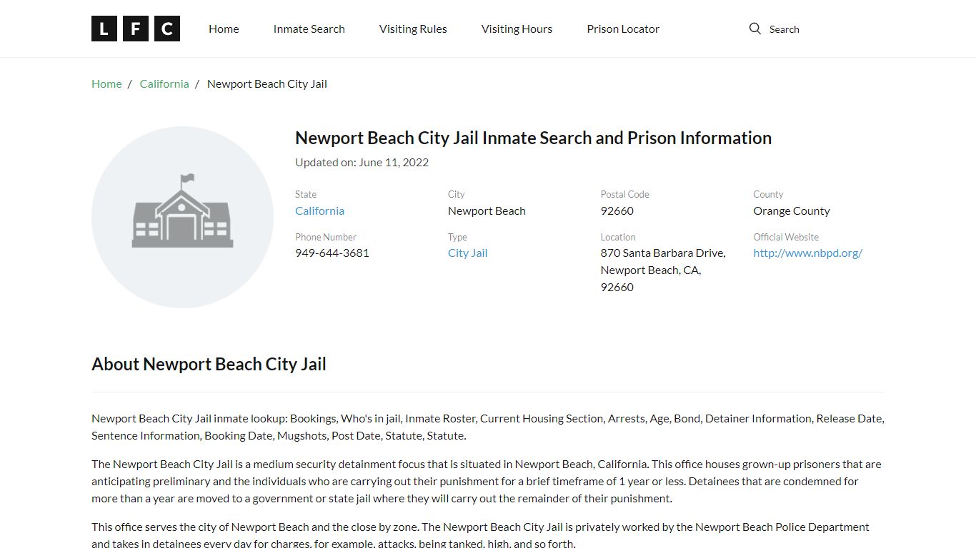 Newport Beach City Jail Inmate Search, Visitation, Phone ...